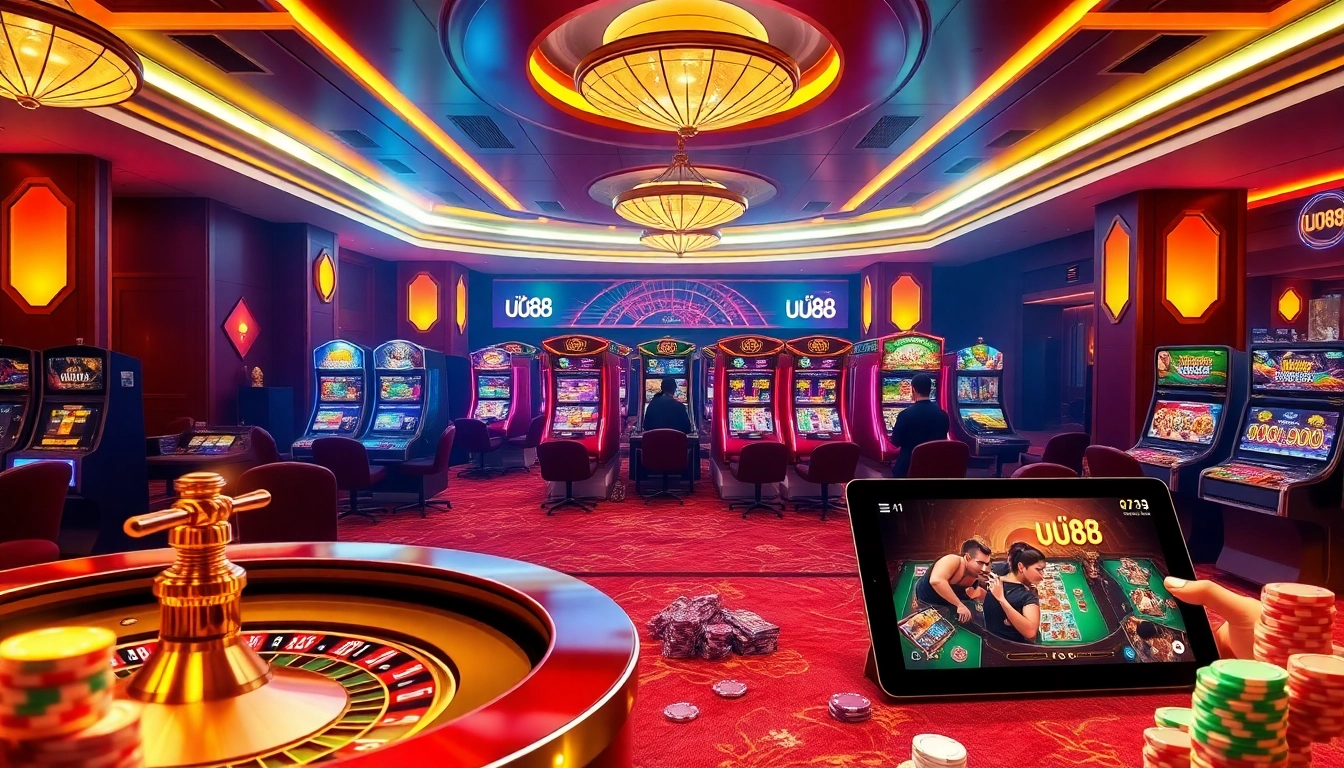Engaging casino scene showcasing uu88 gambling excitement with roulette, poker chips, and slot machines