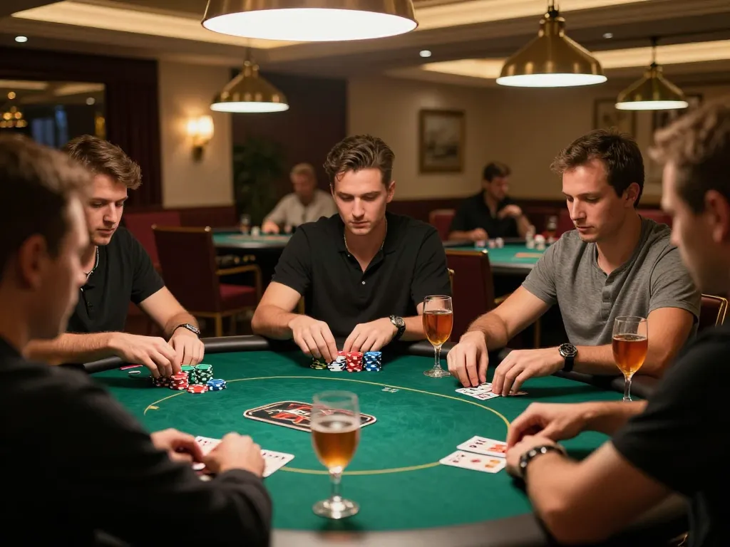 TT88 poker game in progress with players analyzing cards and chips stacked, highlighting strategic gameplay.