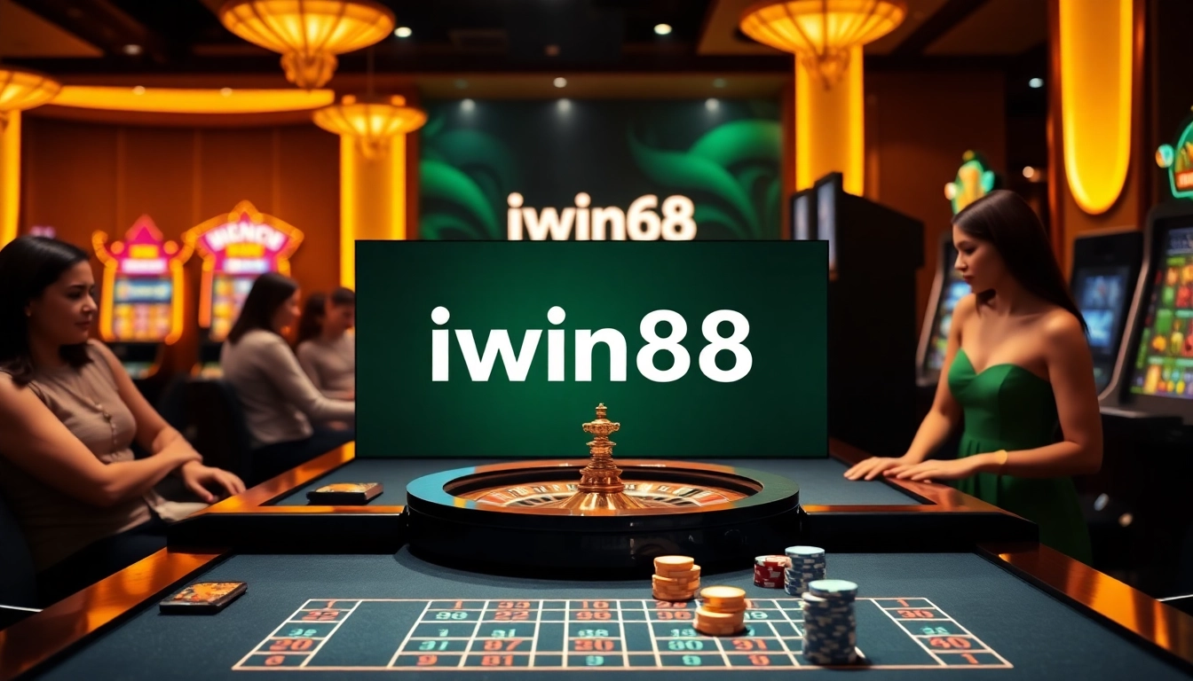 Iwin68 interactive online casino featuring exciting games, poker chips, and a lively gaming environment.