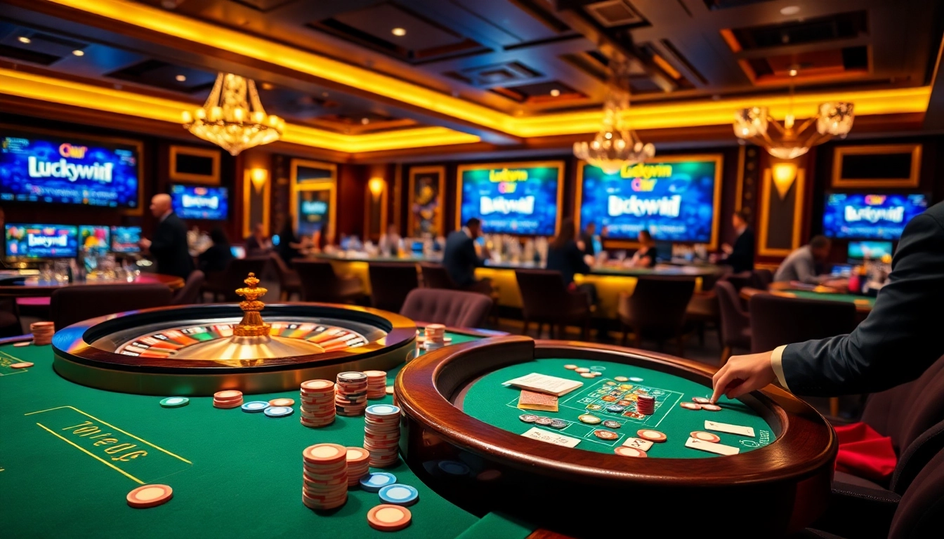 Luckywin poker scene with vibrant chips and cards in a luxurious casino setting.