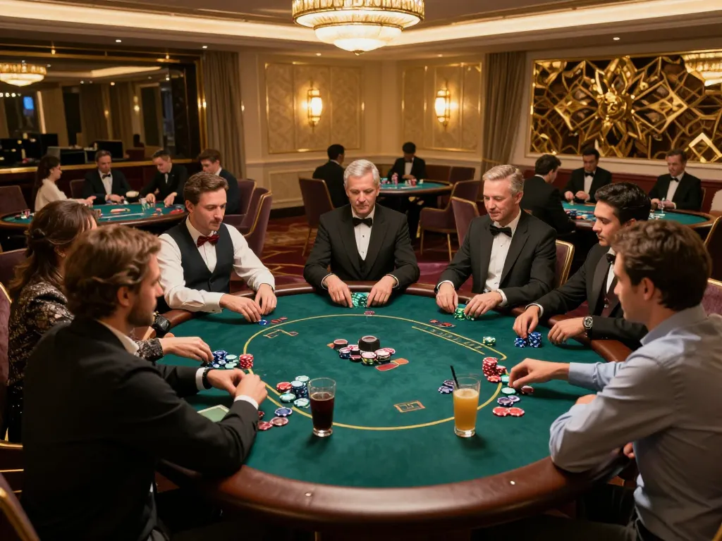 Experience thrilling gameplay at VK88's exclusive poker tables in a luxurious casino.