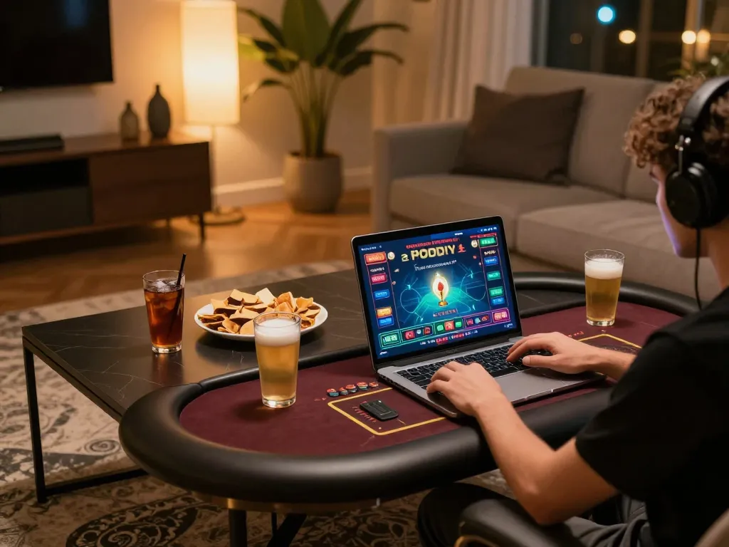 UU88 online gaming setup with a player enjoying a live dealer game on a laptop in a cozy atmosphere