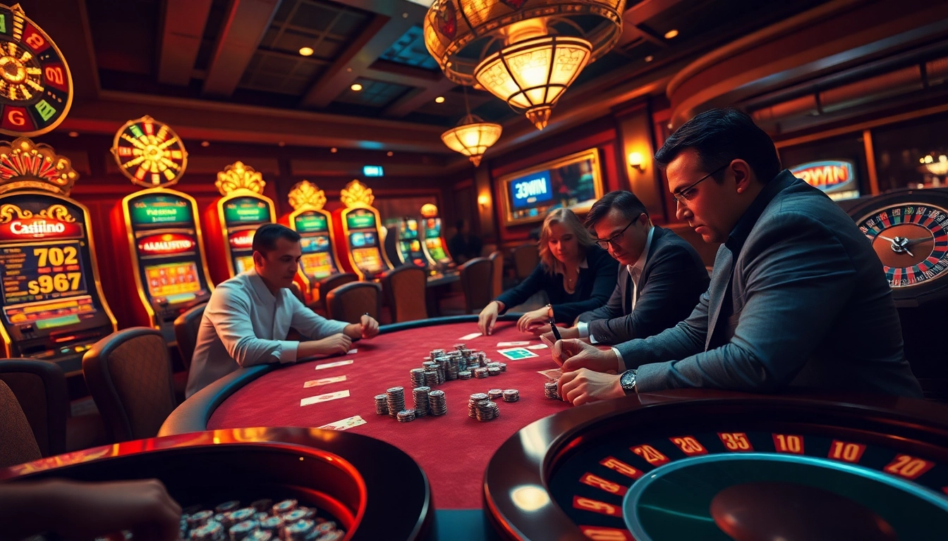 Players and excitement at a high-stakes poker table featuring 33WIN elements in a luxurious casino.