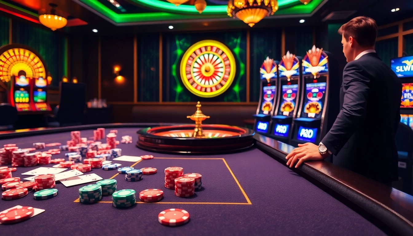 A thrilling casino atmosphere at https://bem88.com with poker chips, cards, and vibrant slot machines.