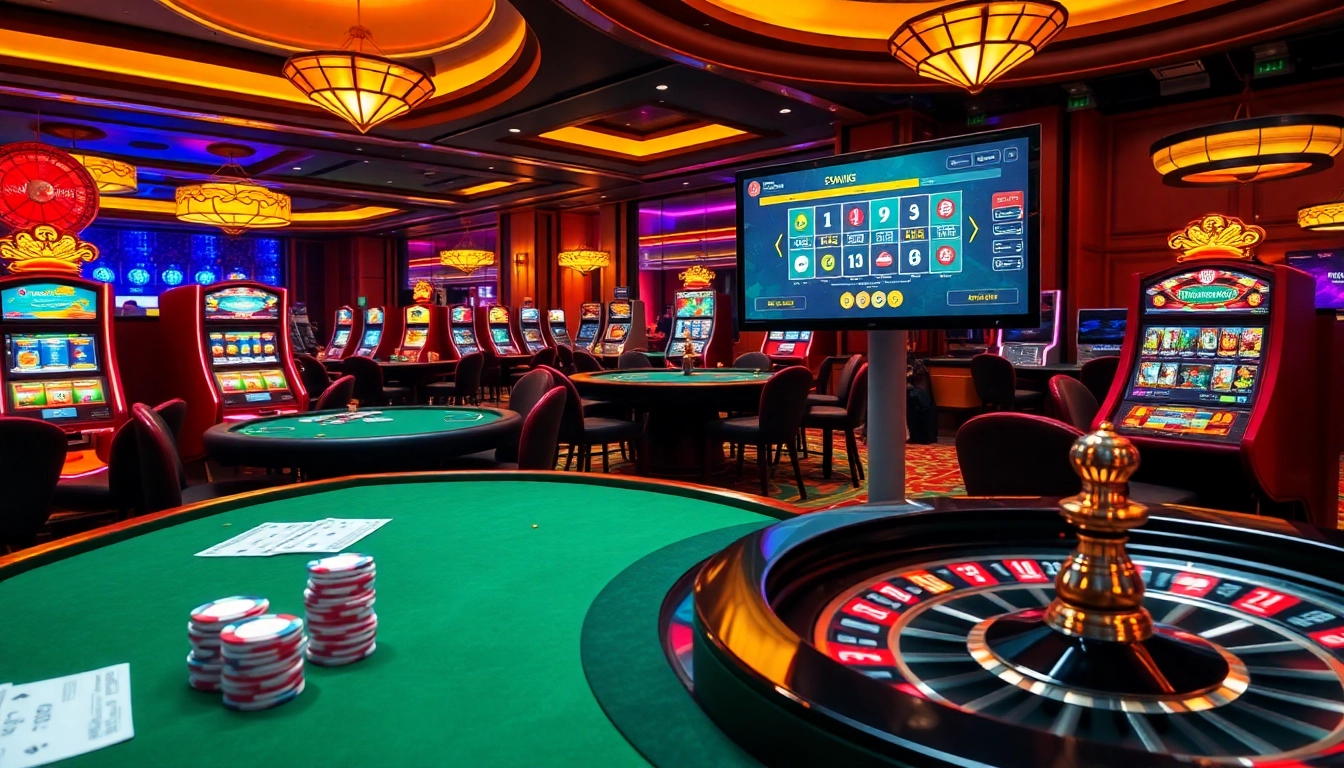 Players enjoying interactive games at https://nk88bet.org/, showcasing an engaging casino environment with vibrant elements.