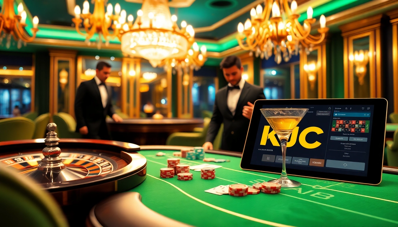 Engaging gamblers at a KJC poker table in a luxurious casino setting with high-stakes excitement.