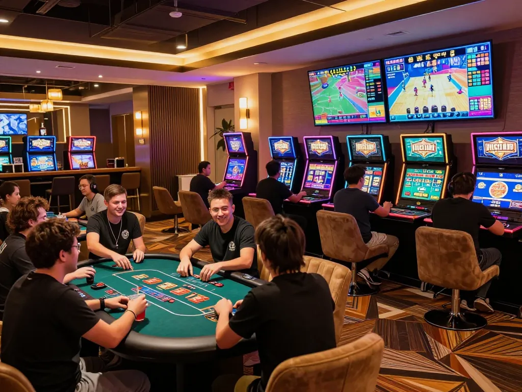 Hit club players enjoying immersive gaming experience in a luxurious lounge.