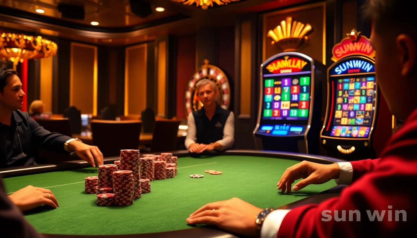 Engage in high-stakes poker at a luxurious sunwin casino, showcasing excitement and vibrant gameplay.