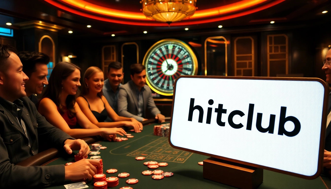 Hitclub players enjoying an exciting poker game in a luxurious casino environment.