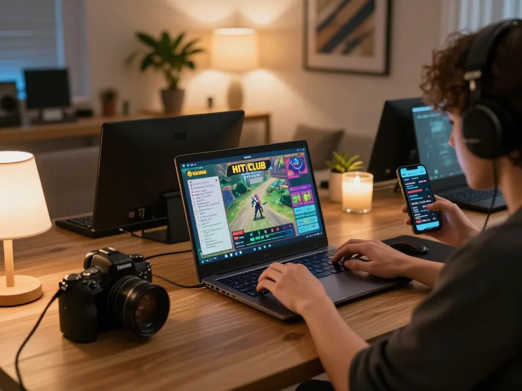 Engaging gameplay at HIT CLUB showcasing mobile gaming strategy with a laptop setup