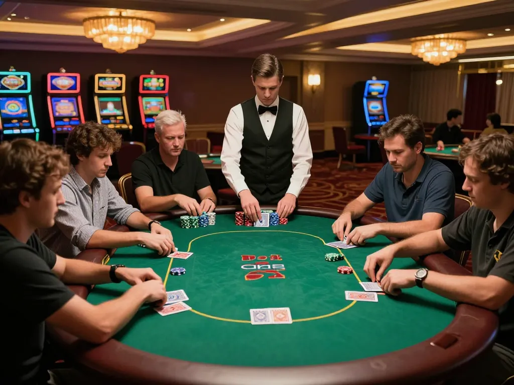 Players focusing intently on their cards in a five88 poker game at an upscale casino, amidst vibrant decor.