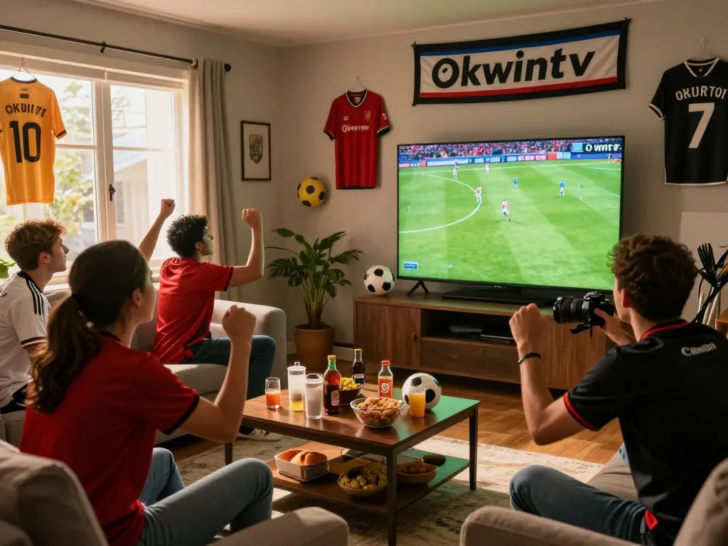 Fans watching a live soccer match on Okwintv in a lively living room.
