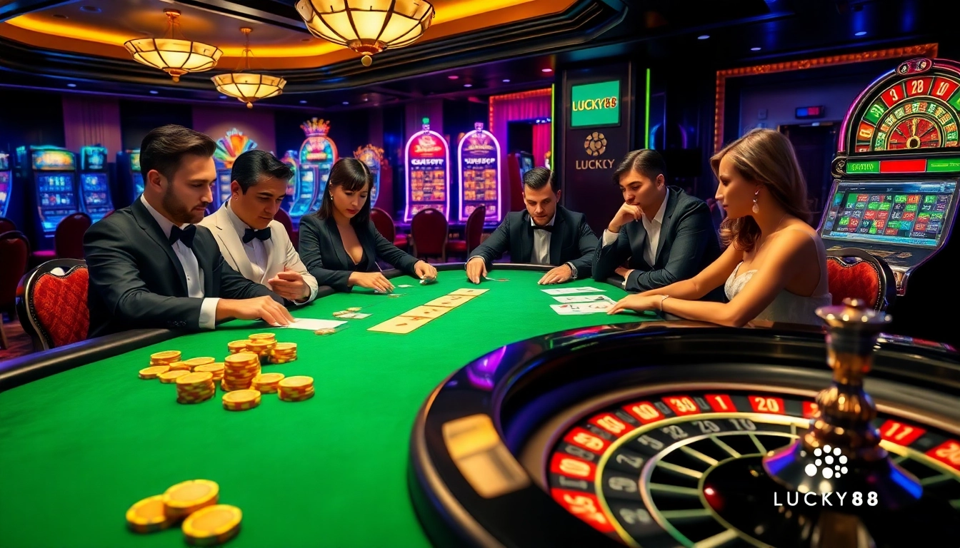 Players experience high-stakes excitement at the LUCKY88 poker table in a luxurious casino setting.