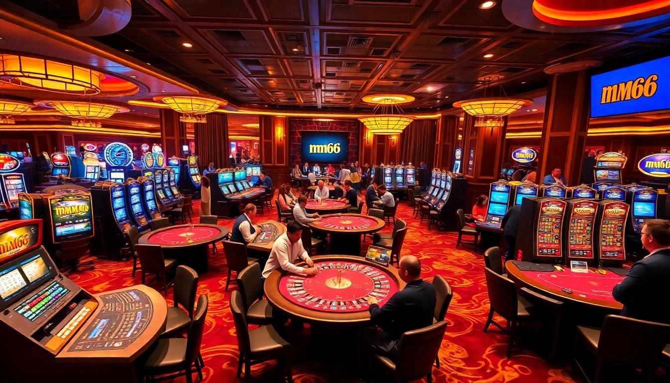 Experience vibrant gaming thrills at mm66 with players enjoying slot machines and roulette tables.