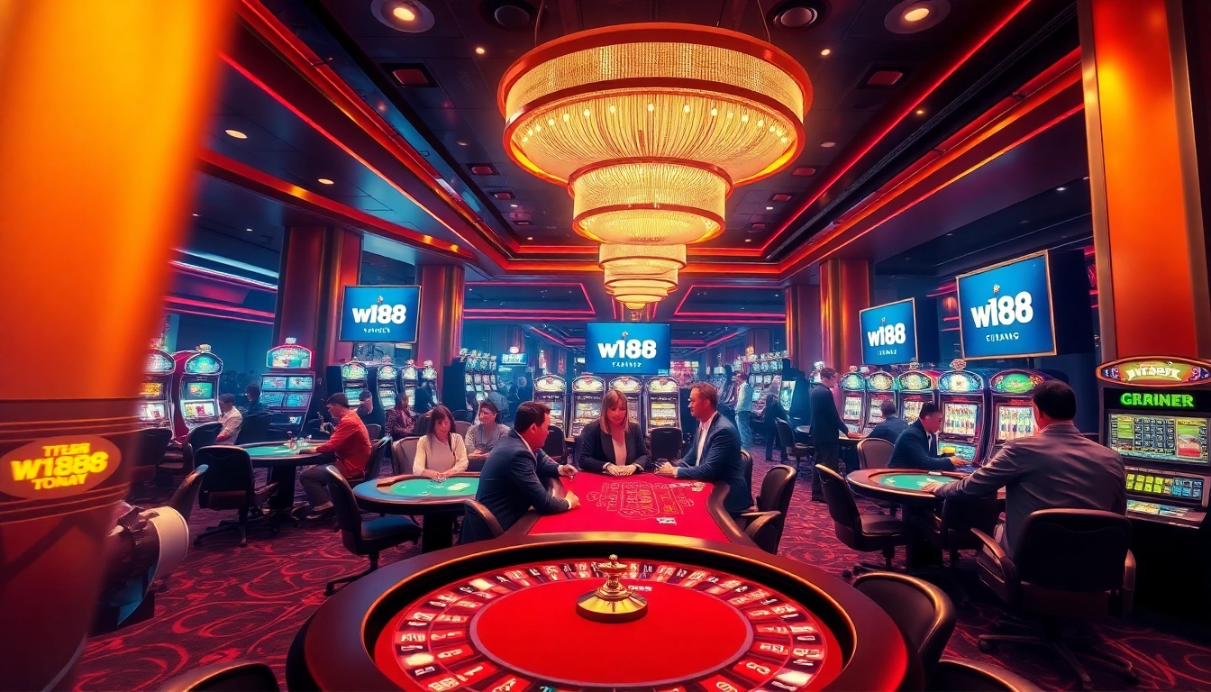Players enjoying thrilling games at a luxurious casino, highlighting https://w188.today/ and the excitement of gambling action.