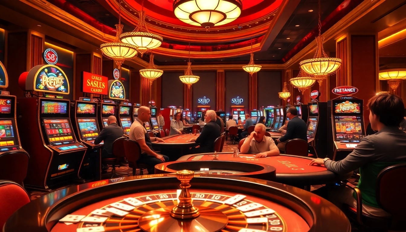 S8 gamblers enjoying a luxury casino experience with vibrant slot machines and poker tables.