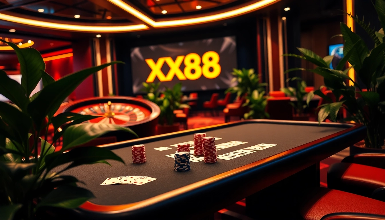 Experience the luxury of gambling at XX88 with vibrant poker chips and a roulette wheel.