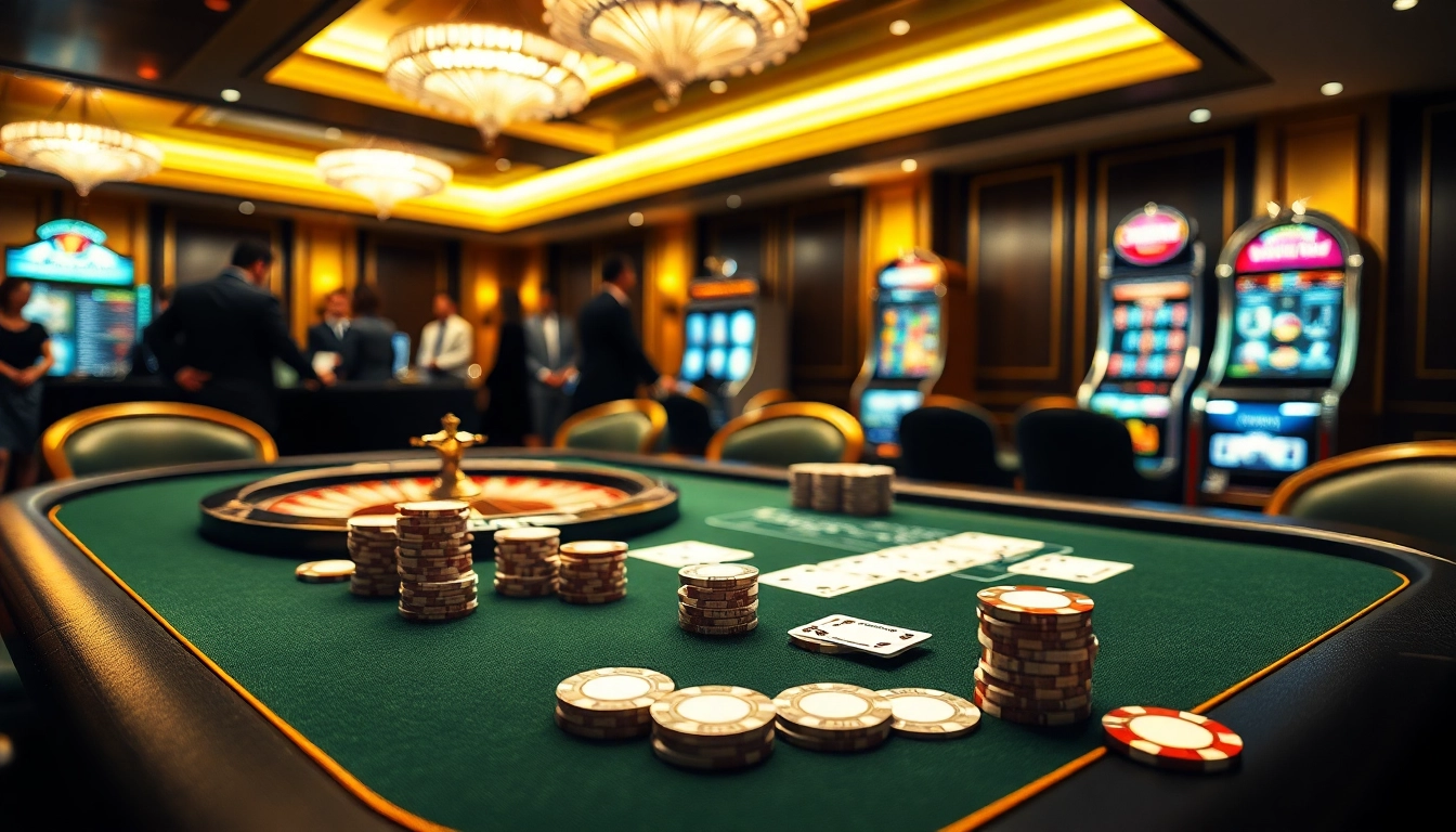 Players enjoying a game at the upscale casino atmosphere of https://kp88.space/ with vibrant card tables and roulette wheels.
