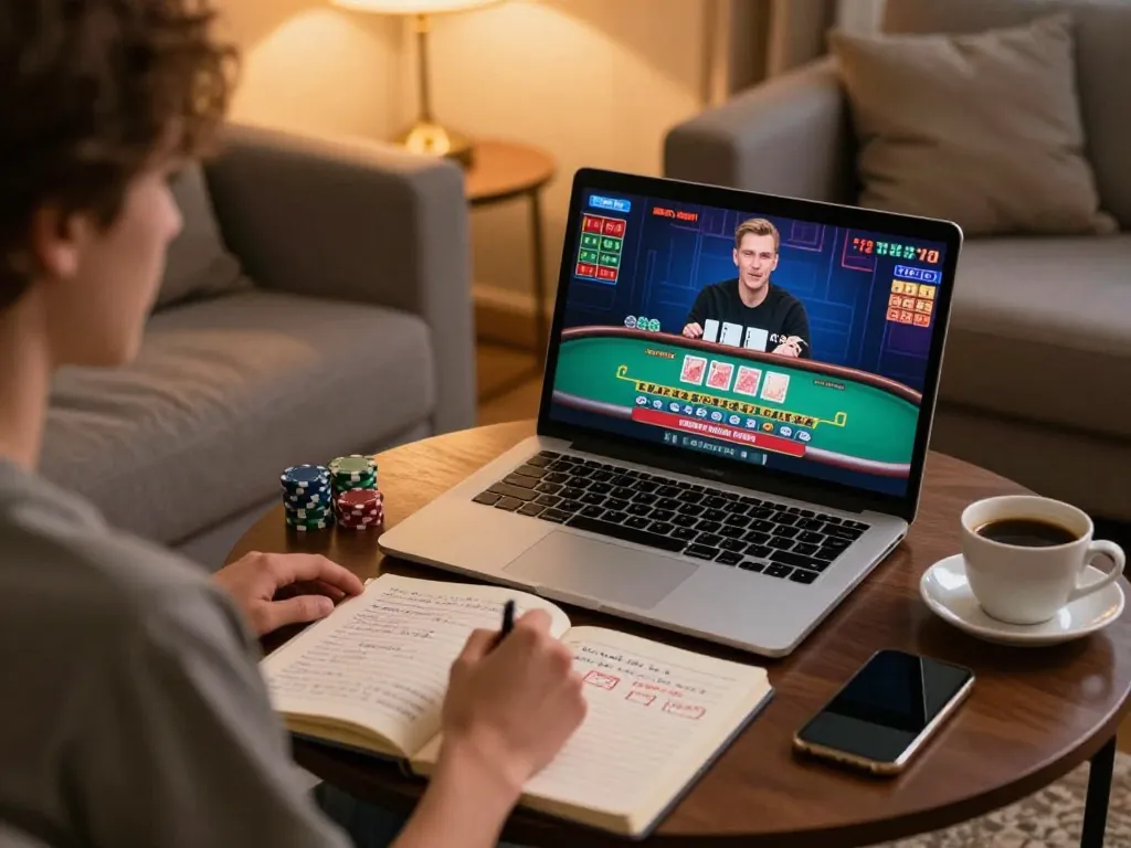 Fun79 player engaging in a live blackjack game on laptop, showcasing online gambling excitement.