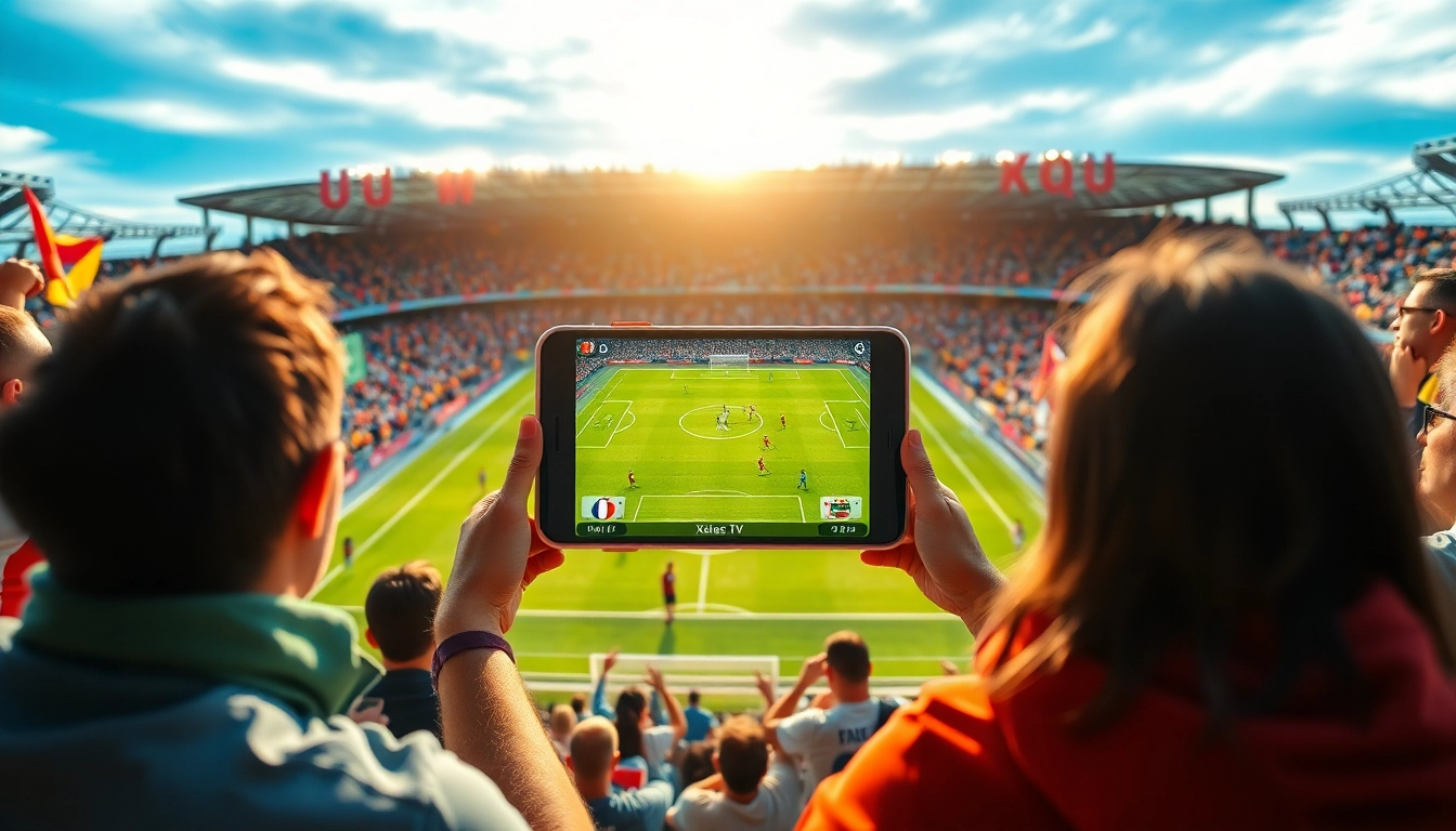 Xoilac TV streaming a live football match with enthusiastic fans, showcasing vibrant energy and HD quality.