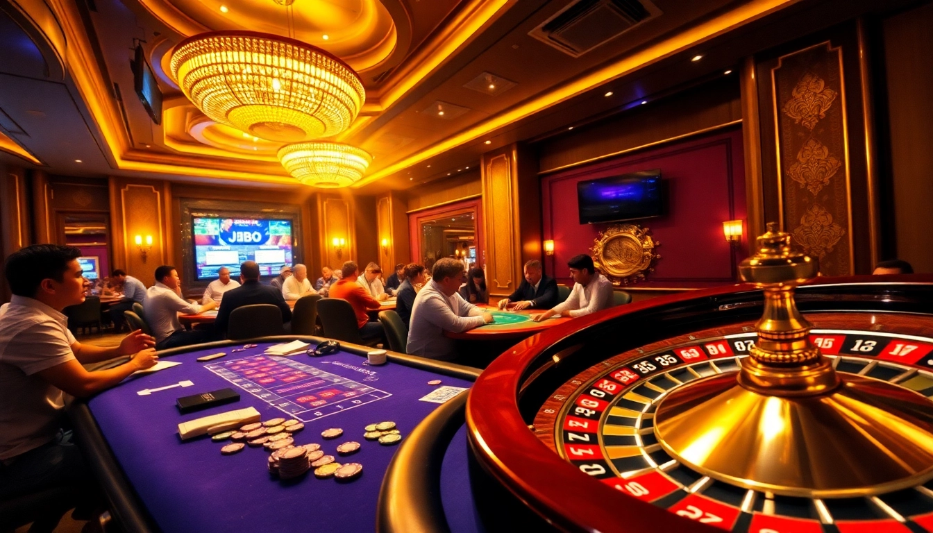Players enjoy the thrill of JBO poker in a luxurious casino setting.