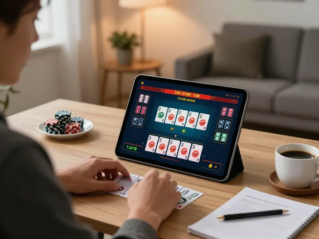 Engaging in strategic online gambling practices with tip88 on a tablet in a stylish home office.