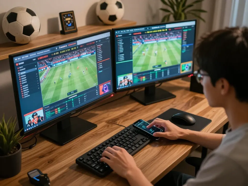 Betting on Lu88 sports events using multiple screens in a stylish home office