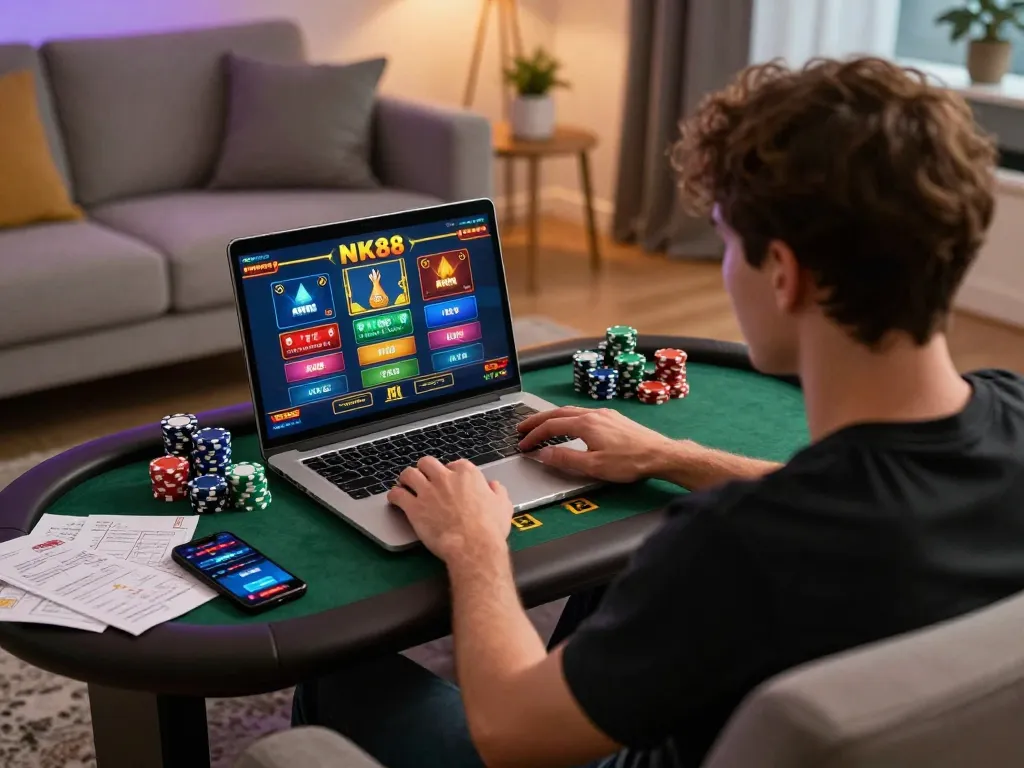 Engaged player enjoying NK88 online casino games on a laptop at home, showcasing dynamic gaming experience.