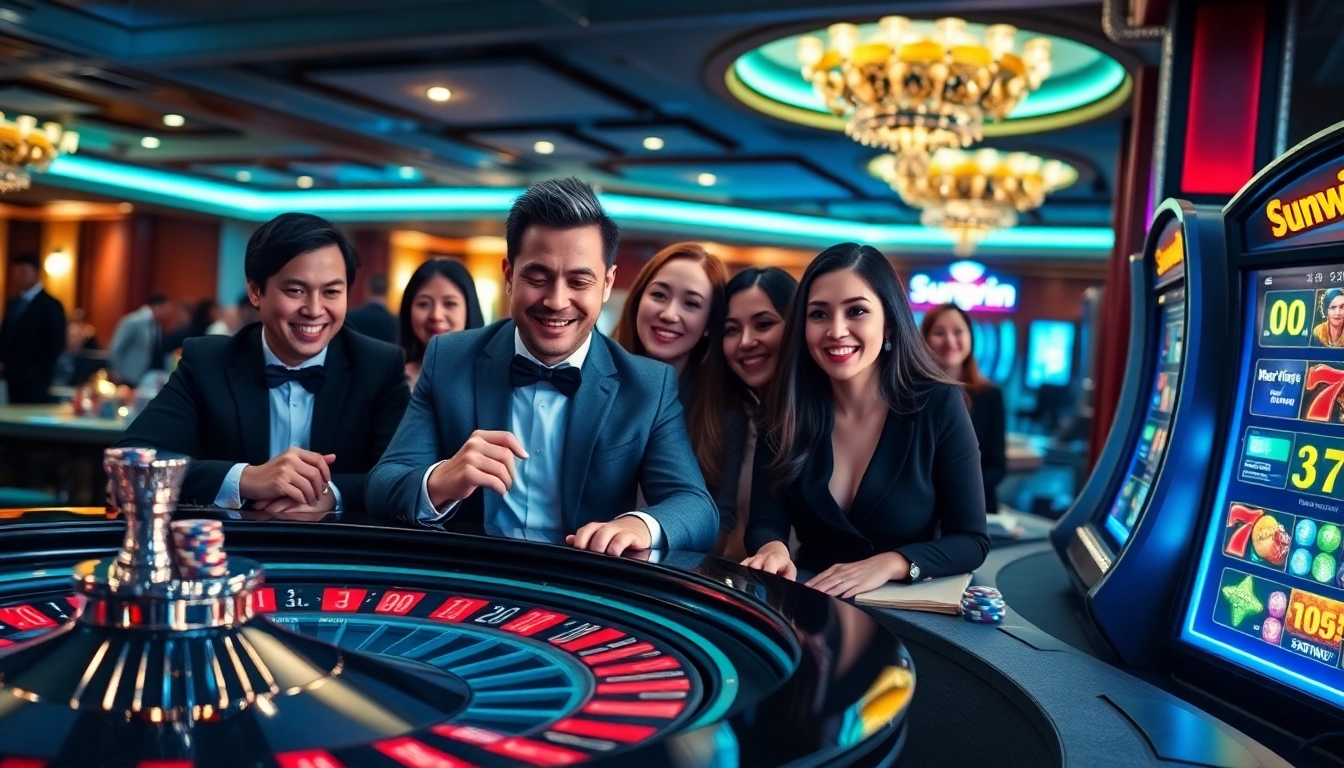 Players enjoy an exciting game at Sunwin's online casino, highlighting vibrant roulette and poker elements.