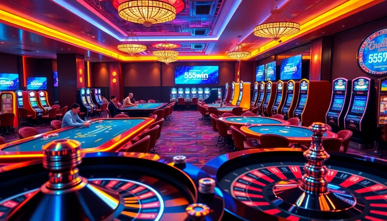 Experience the thrilling atmosphere of 555win's casino with vibrant gaming tables and eager players.