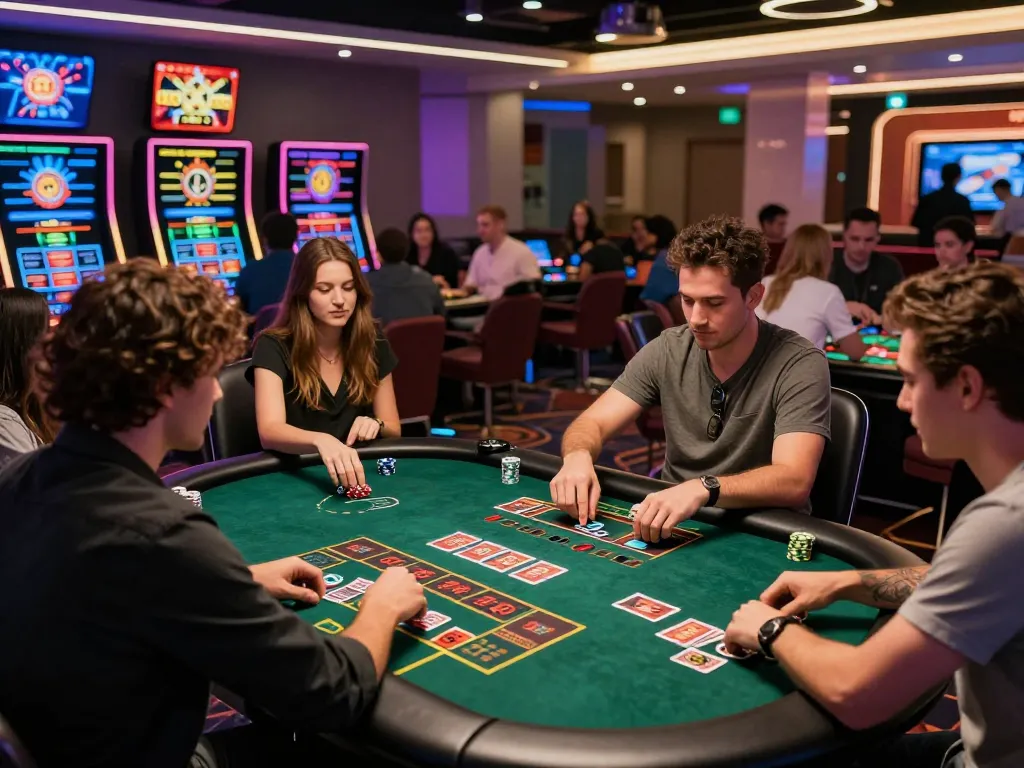 Exciting gambling scene at rikbet gaming lounge with diverse friends enjoying various casino games.