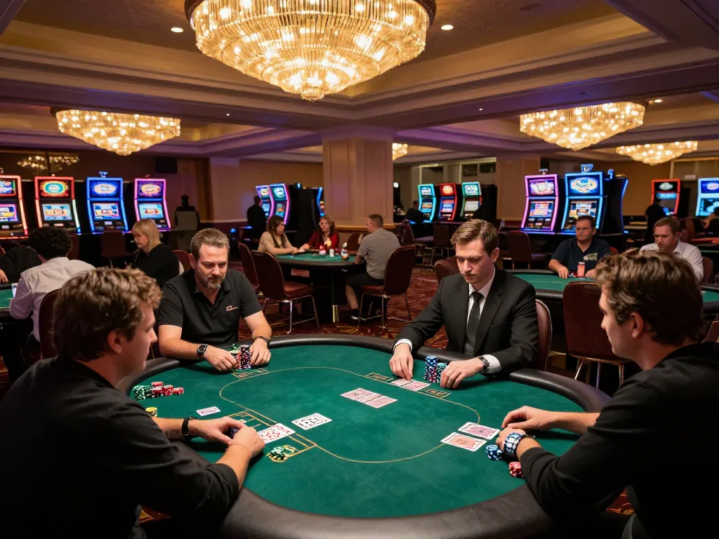 Players engaging in high-stakes poker at Las Vegas casino table, showcasing tactical gameplay and excitement at Da88