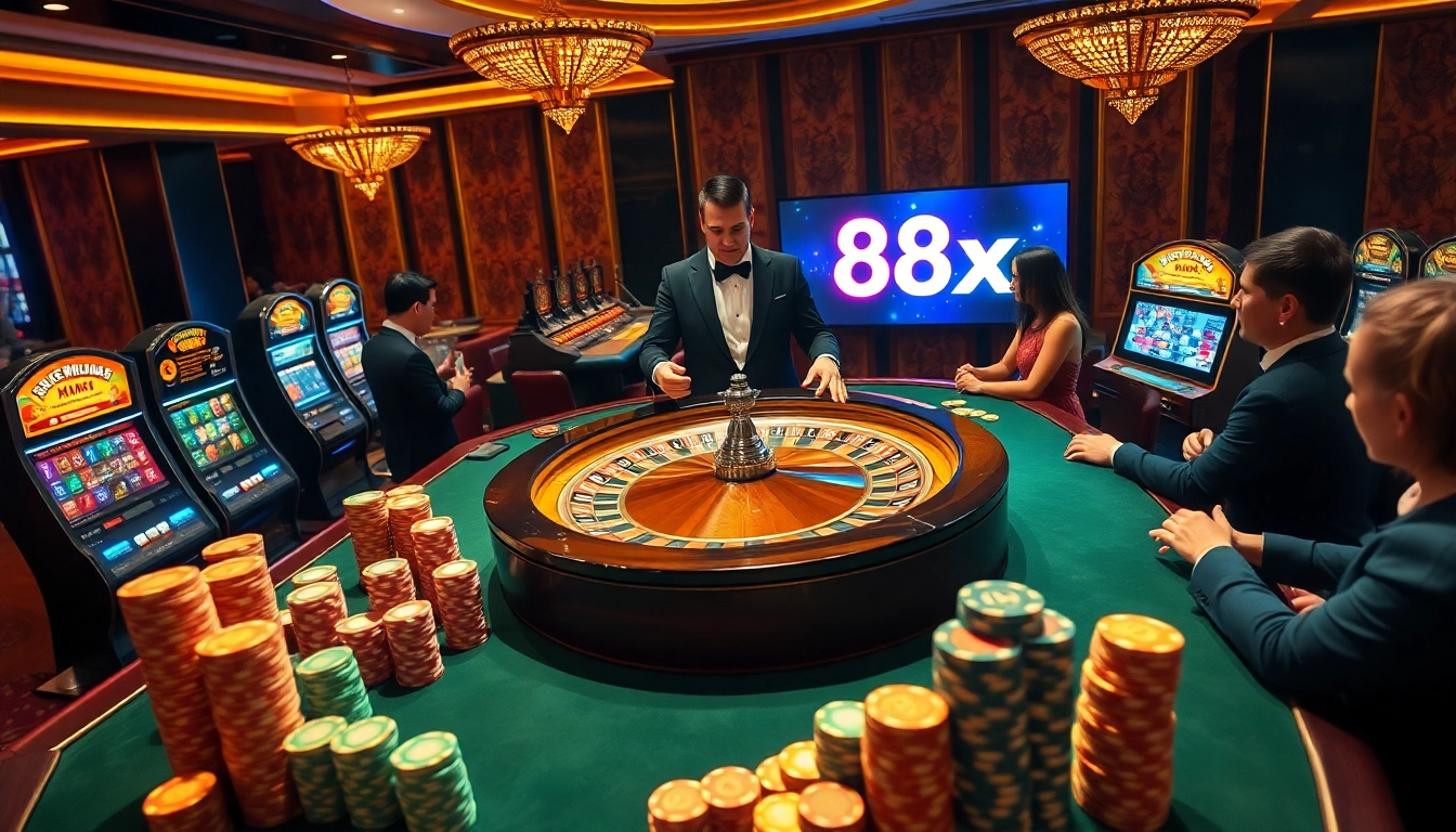 Players enjoying an exciting game at 88xx casino with vibrant tables and roulette.