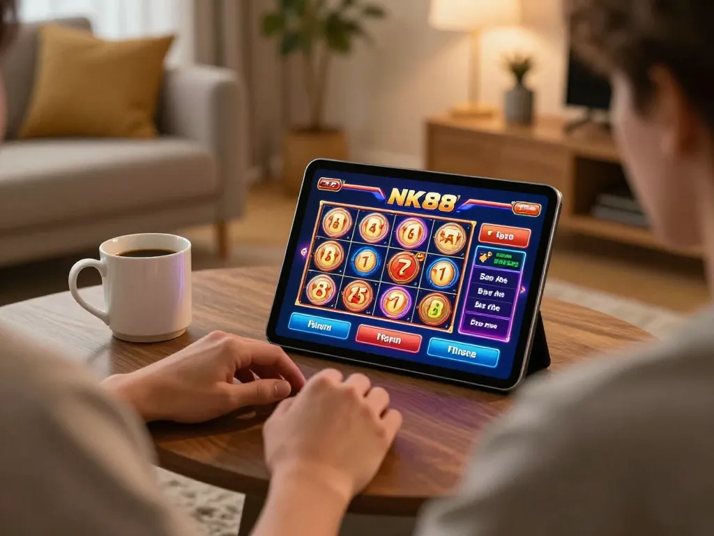 Engaging user experiencing NK88 online casino slot games on a tablet in a cozy home setting.