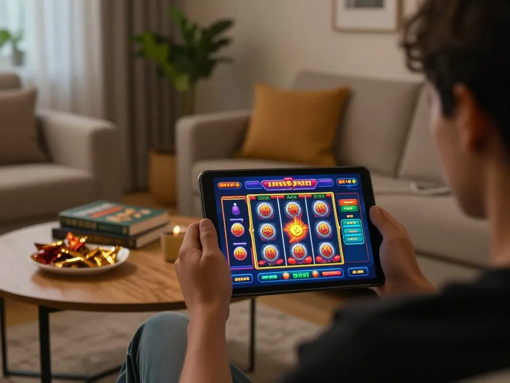 Engaging with Jaya9 Casino on a tablet in a cozy home setting during an evening gaming session