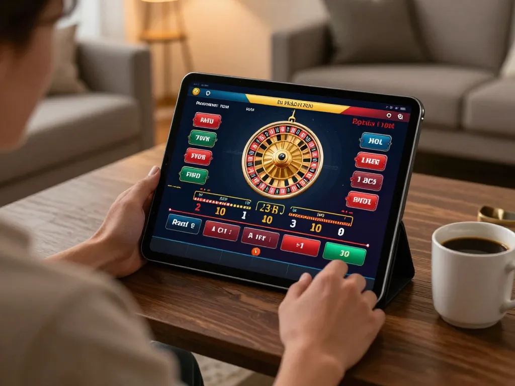 Engaging in Fly88 online casino gaming with live dealer roulette on tablet while enjoying a cozy home ambiance.