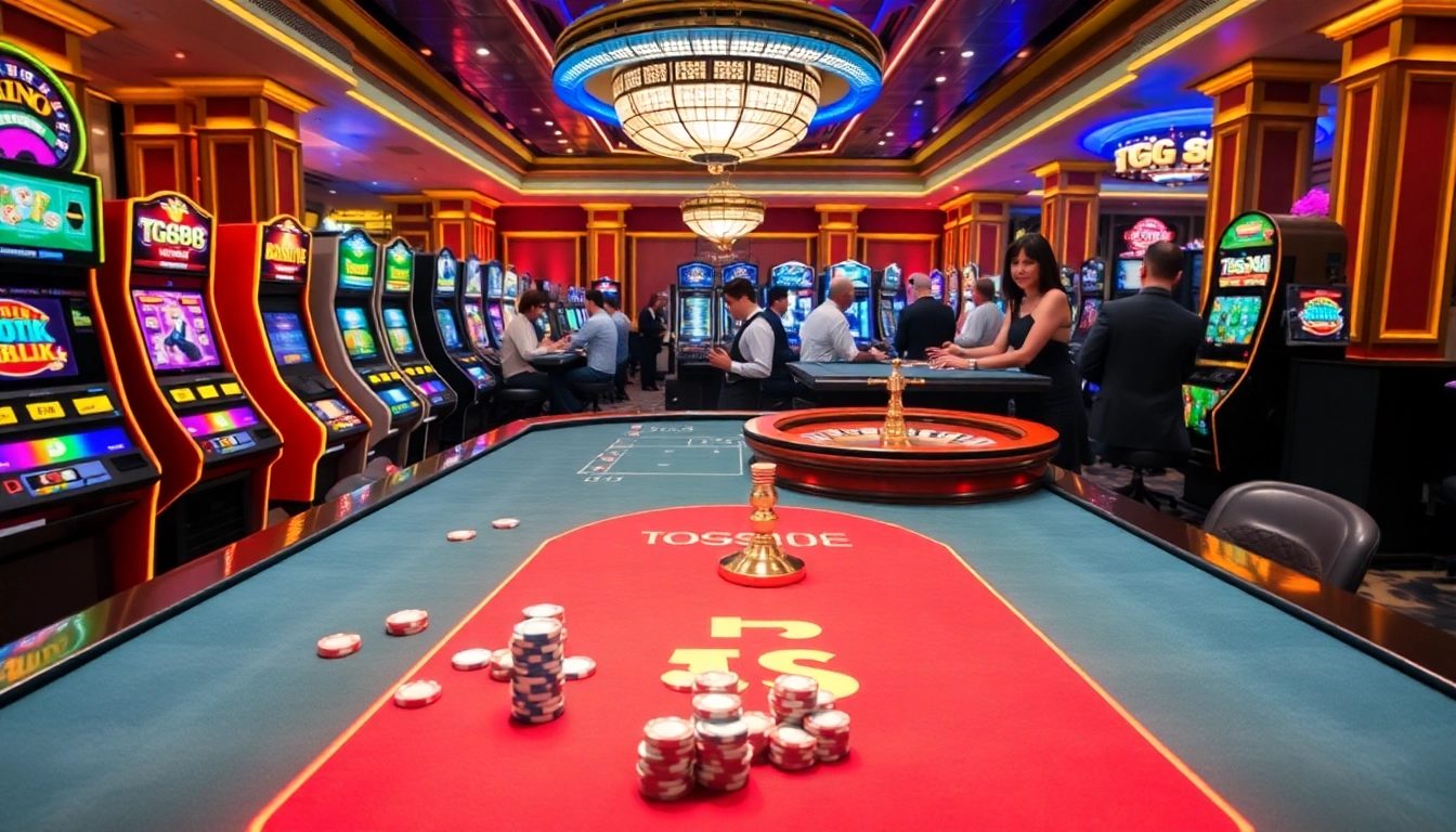 Experience thrilling gambling action at TG88 casino with vibrant slot machines and a roulette wheel.
