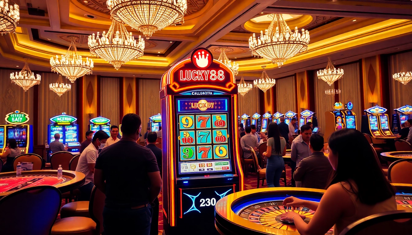 Engaged players enjoying the LUCKY88 slot machine in a luxurious casino setting.