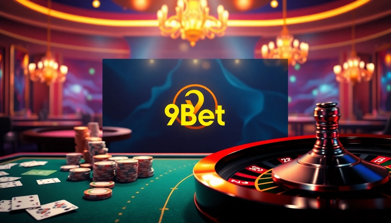 Experience thrilling gaming action at 9bet with vibrant casino tables and a dynamic roulette wheel.