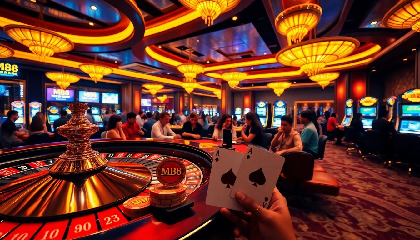 Experience an exhilarating casino atmosphere at MM88 with vibrant gaming tables and excited players.