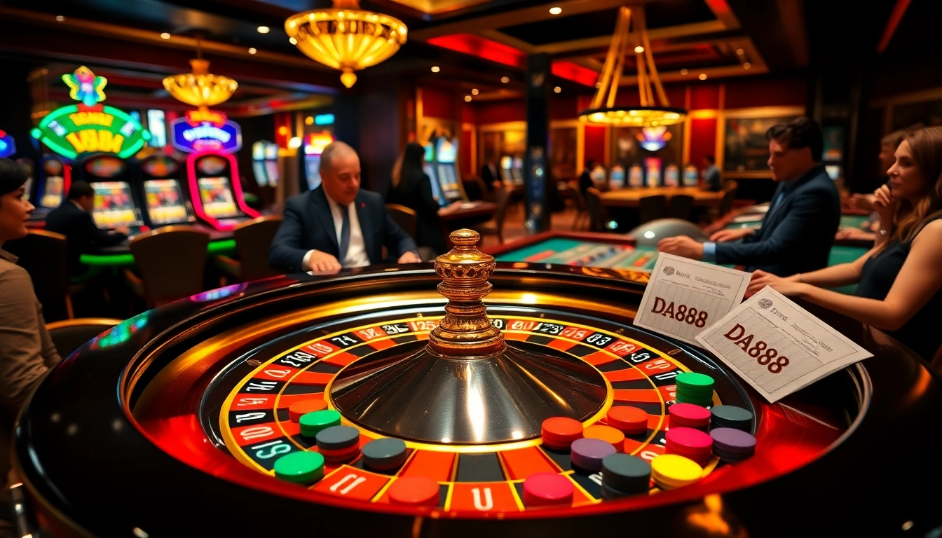 Experience the thrill of gambling at a luxurious casino featuring DA88-themed betting slips amidst intense gaming action.