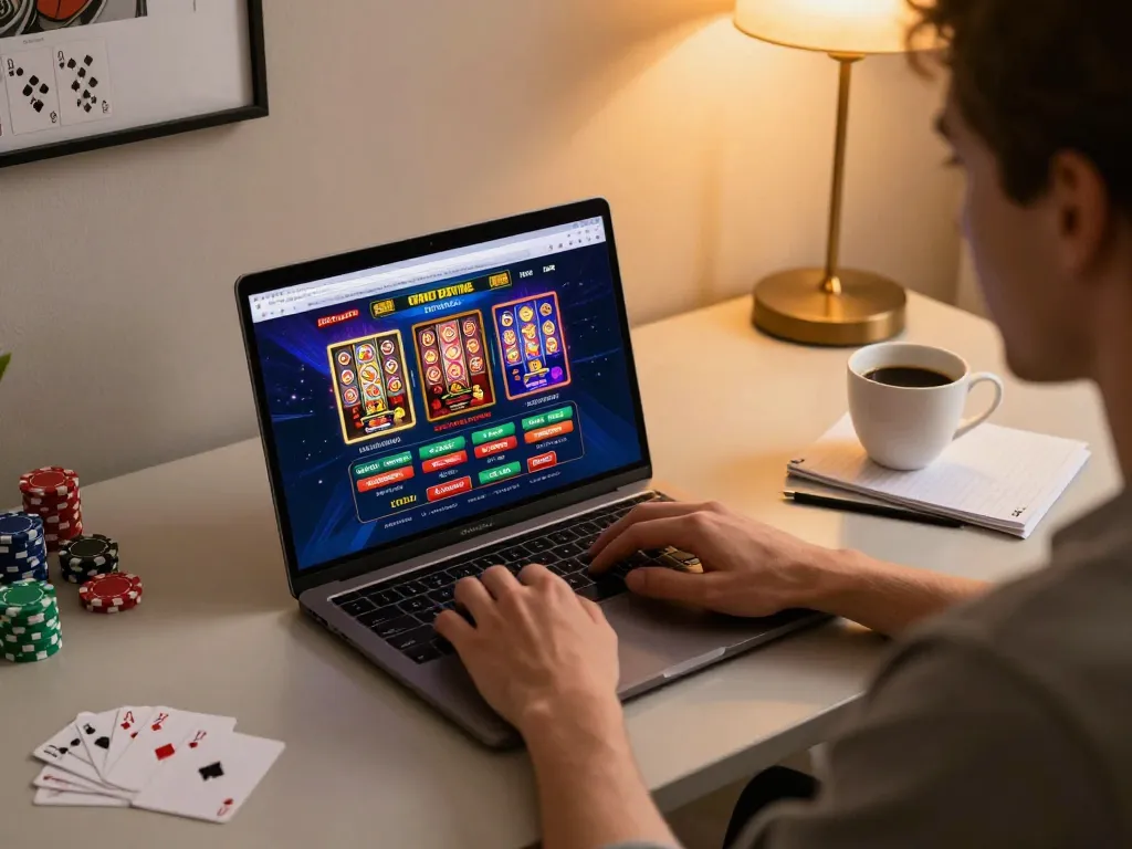 Engaging in responsible gameplay through Link nhà cái Xo88 in a modern home gaming setup with laptop and notes.