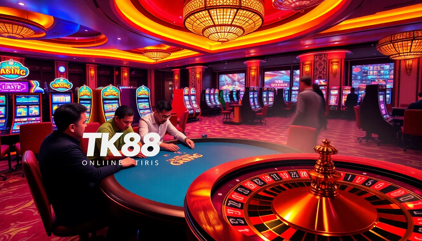 Players enjoying poker at TK88, a premier online gambling destination with vibrant casino elements.