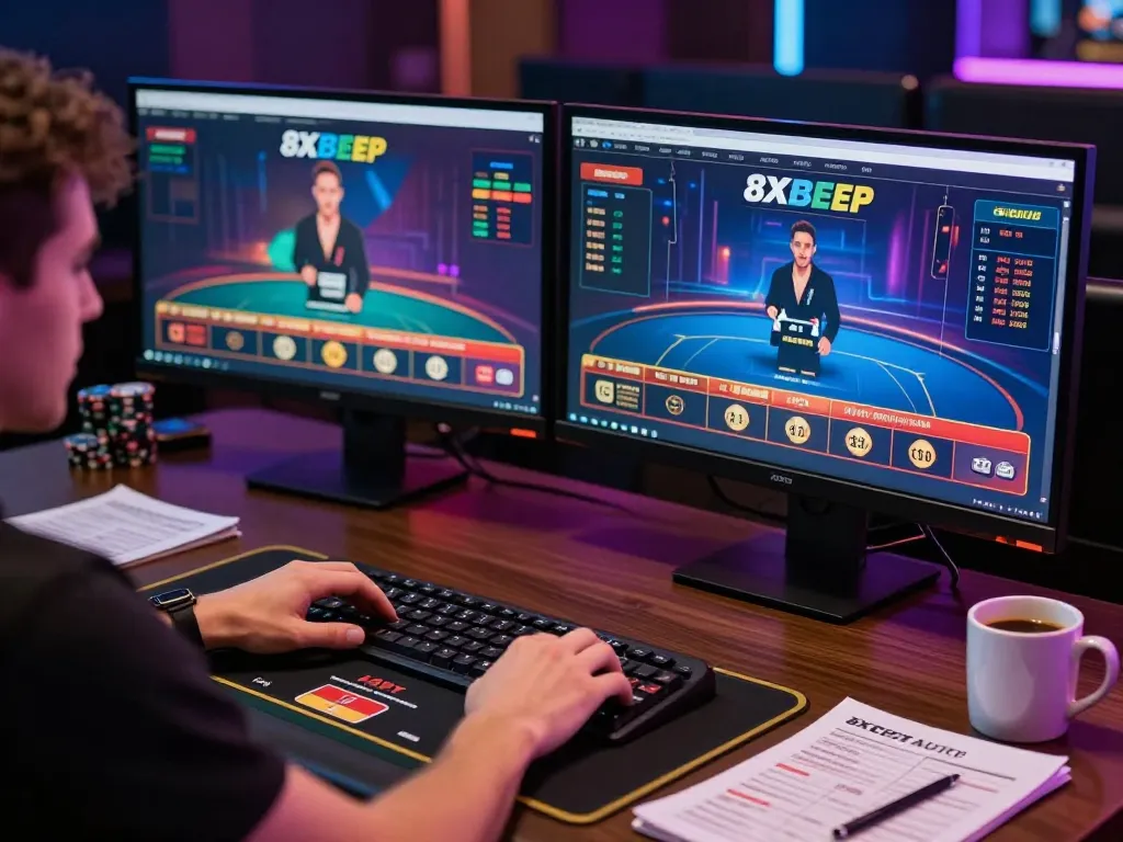 Player strategizing with the 8xbet app, engaging in a live dealer game setup.