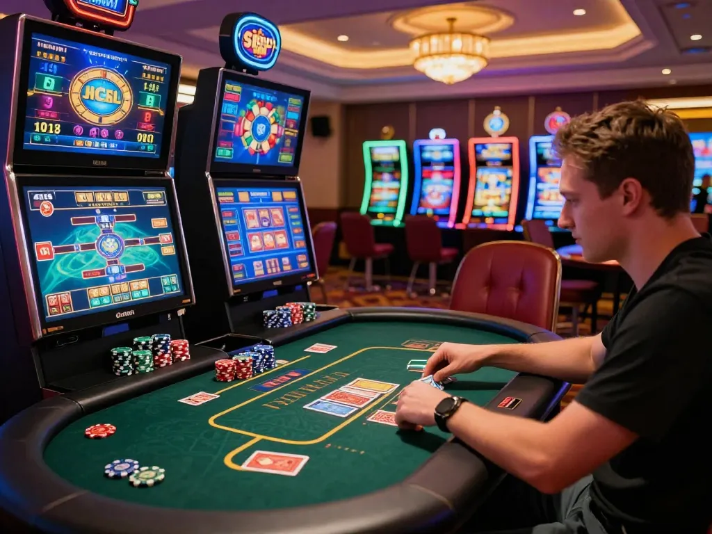 Player engaged in exciting gambling experience at gem88 online casino with vibrant game displays.