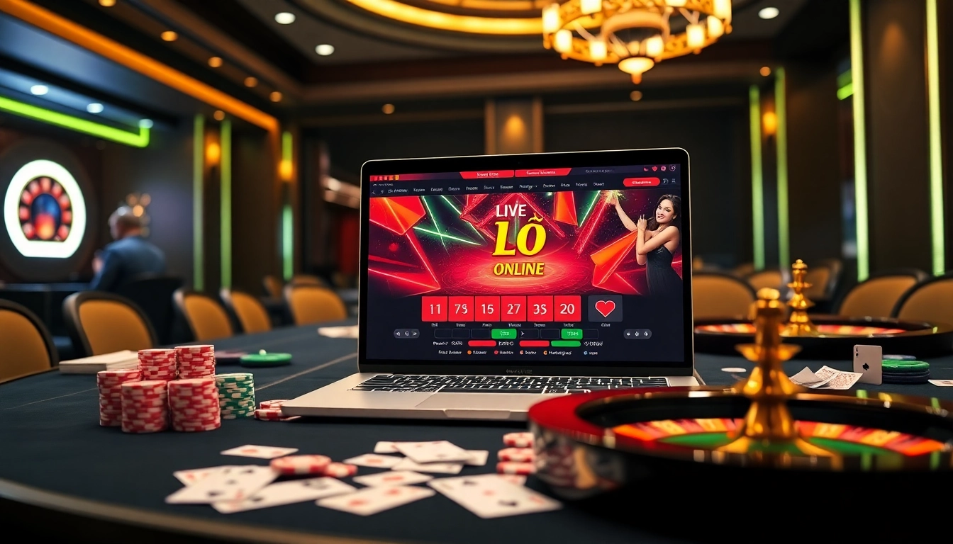 Lô đề online gaming interface depicted on a luxurious laptop alongside poker essentials.