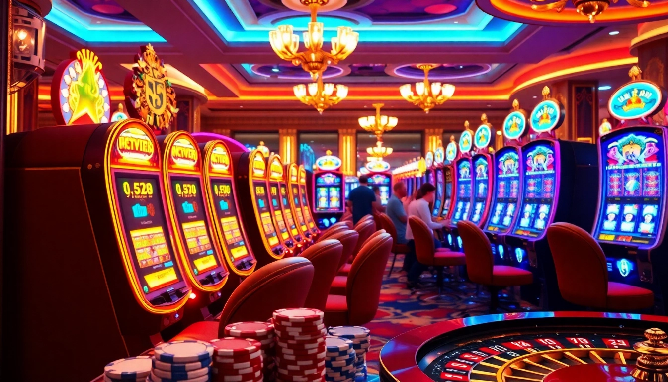 Players enjoying U31 สล็อต at a luxurious casino, surrounded by vibrant slot machines and betting chips.