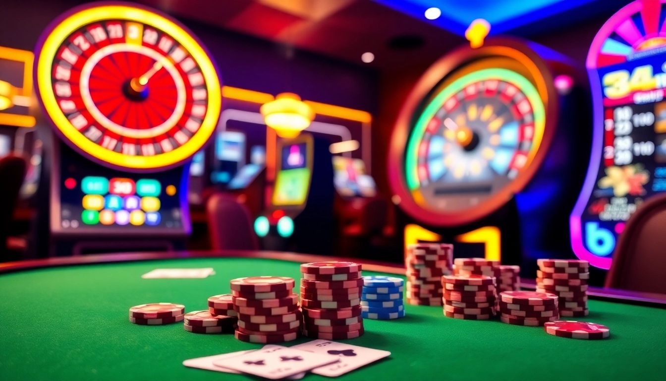 Engaging players at 33win.property, lively casino scene with poker chips and roulette action.