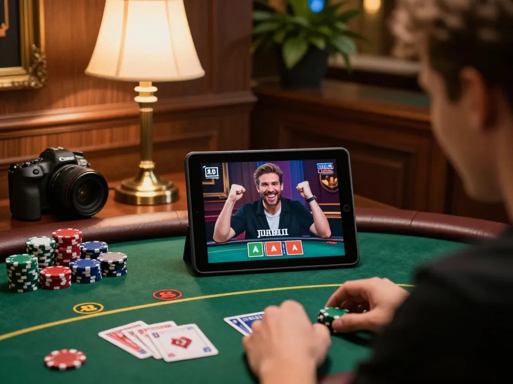 HDBET user celebrating a win during online poker game on tablet in a cozy environment.