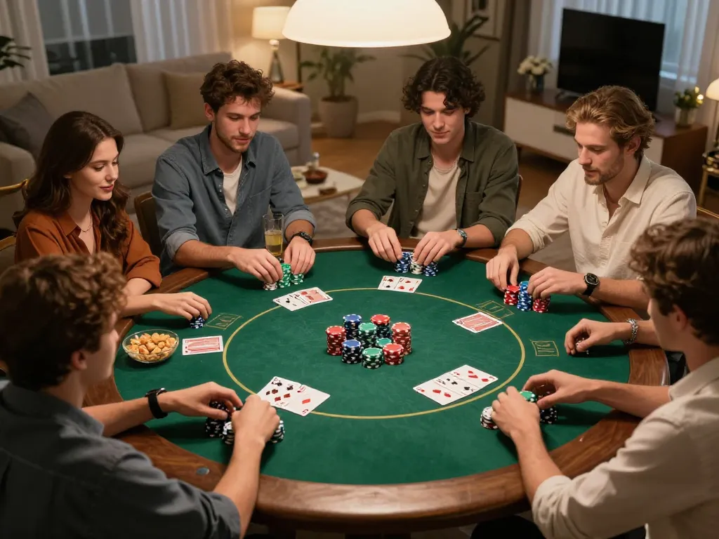 uu88 poker night scene with friends enjoying a game, chips and cards visible.
